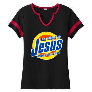 Funny The Blood Of Jesus Washes Souls Clean Detergent Ladies Halftime Notch Neck Tee