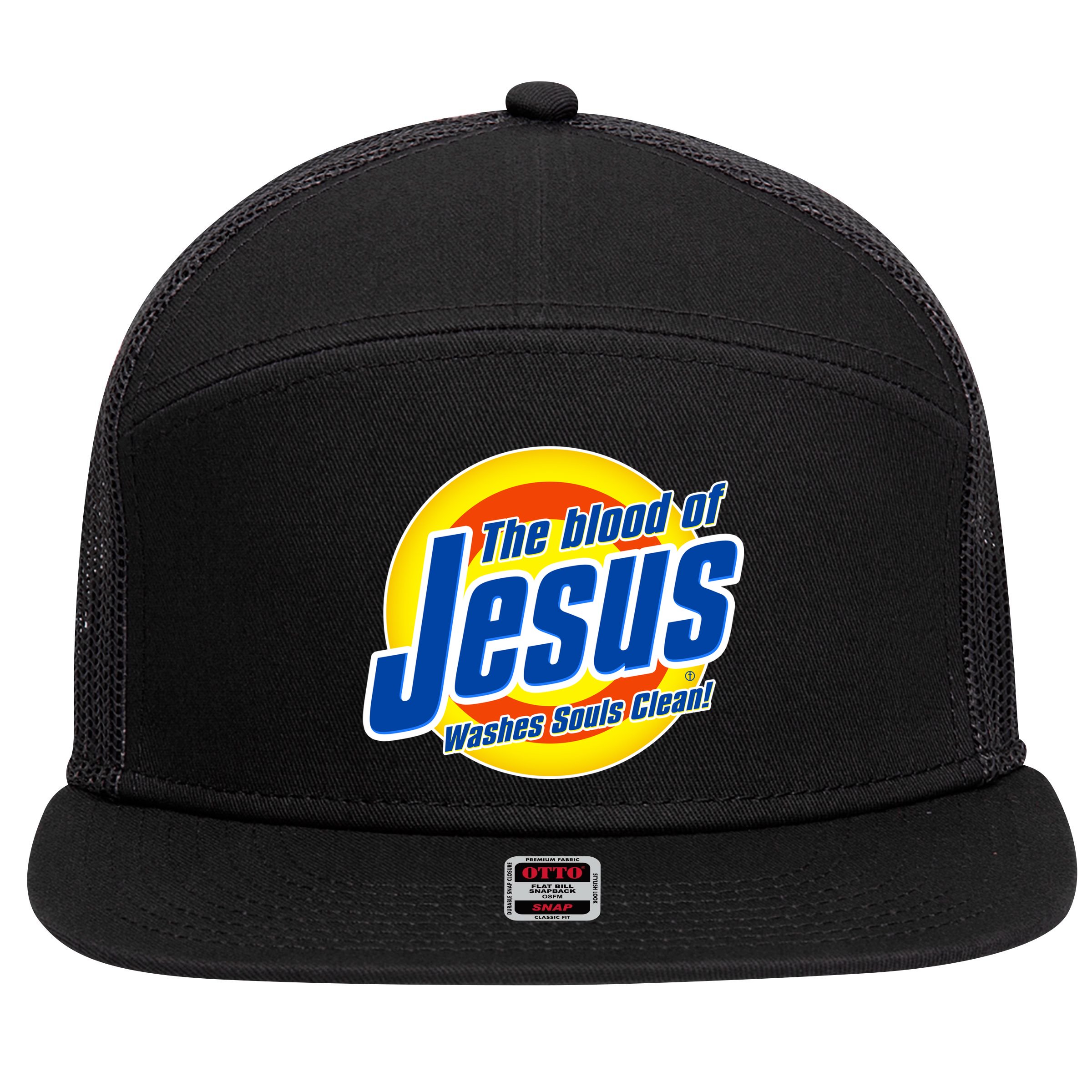 Funny The Blood Of Jesus Washes Souls Clean Detergent 7 Panel Mesh Trucker Snapback Hat