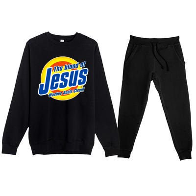 Funny The Blood Of Jesus Washes Souls Clean Detergent Premium Crewneck Sweatsuit Set