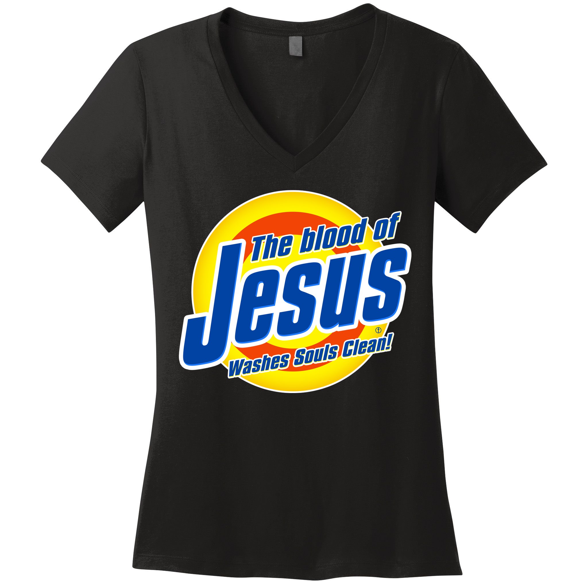 Funny The Blood Of Jesus Washes Souls Clean Detergent Women's V-Neck T-Shirt