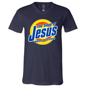 Funny The Blood Of Jesus Washes Souls Clean Detergent V-Neck T-Shirt