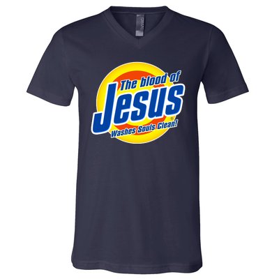 Funny The Blood Of Jesus Washes Souls Clean Detergent V-Neck T-Shirt