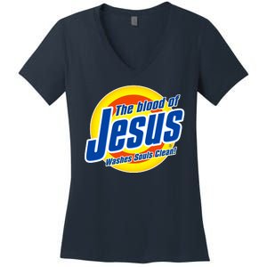 Funny The Blood Of Jesus Washes Souls Clean Detergent Women's V-Neck T-Shirt