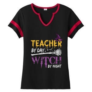 Funny Teacher By Day Witch By Night Halloween Party Gift Ladies Halftime Notch Neck Tee