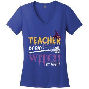 Funny Teacher By Day Witch By Night Halloween Party Gift Women's V-Neck T-Shirt