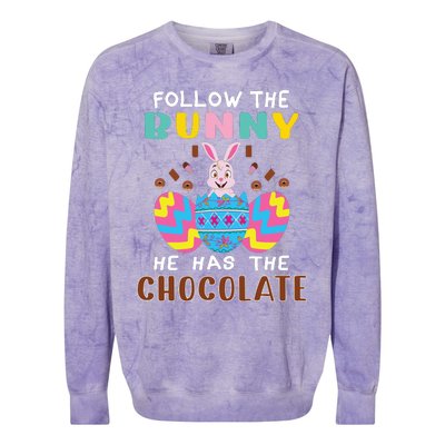 Follow The Bunny He Has The Chocolate Funny Easter Colorblast Crewneck Sweatshirt