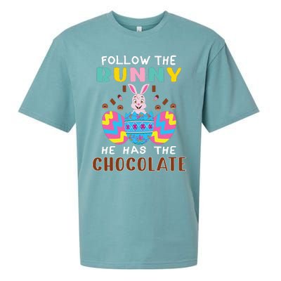 Follow The Bunny He Has The Chocolate Funny Easter Sueded Cloud Jersey T-Shirt