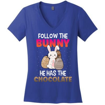 Follow The Bunny He Has Chocolate Happy Easter Day Funny Gift Women's V-Neck T-Shirt