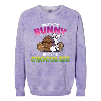 Follow The Bunny He Has Chocolate Happy Easter Day Cute Gift Colorblast Crewneck Sweatshirt