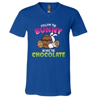 Follow The Bunny He Has Chocolate Happy Easter Day Cute Gift V-Neck T-Shirt