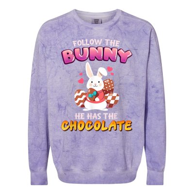 Follow The Bunny He Has Chocolate Happy Easter Day Great Gift Colorblast Crewneck Sweatshirt