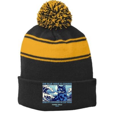 Funny The Blue Wave Is Coming And Its Covered In Cat Hair Harris Walz 2024 Stripe Pom Pom Beanie