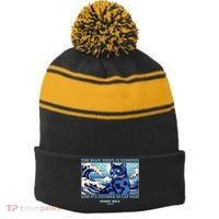 Funny The Blue Wave Is Coming And Its Covered In Cat Hair Harris Walz 2024 Stripe Pom Pom Beanie