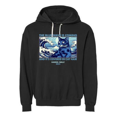 Funny The Blue Wave Is Coming And Its Covered In Cat Hair Harris Walz 2024 Garment-Dyed Fleece Hoodie