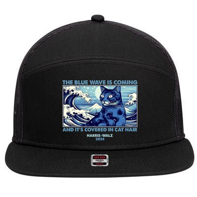 Funny The Blue Wave Is Coming And Its Covered In Cat Hair Harris Walz 2024 7 Panel Mesh Trucker Snapback Hat