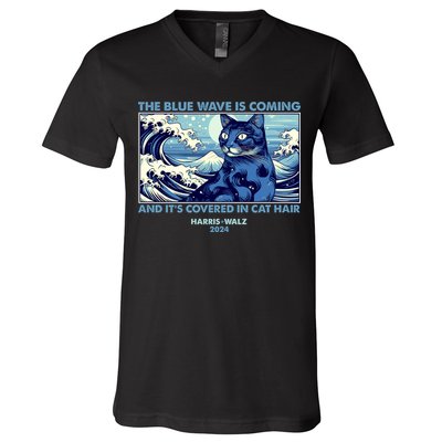 Funny The Blue Wave Is Coming And Its Covered In Cat Hair Harris Walz 2024 V-Neck T-Shirt