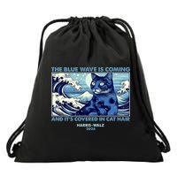 Funny The Blue Wave Is Coming And Its Covered In Cat Hair Harris Walz 2024 Drawstring Bag