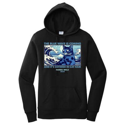 Funny The Blue Wave Is Coming And Its Covered In Cat Hair Harris Walz 2024 Women's Pullover Hoodie