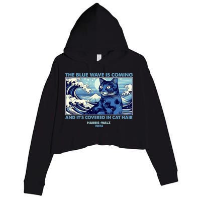 Funny The Blue Wave Is Coming And Its Covered In Cat Hair Harris Walz 2024 Crop Fleece Hoodie