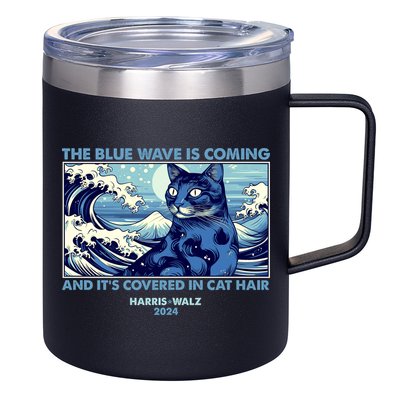 Funny The Blue Wave Is Coming And Its Covered In Cat Hair Harris Walz 2024 12oz Stainless Steel Coffee Mug