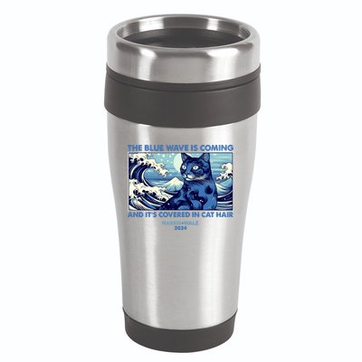 Funny The Blue Wave Is Coming And Its Covered In Cat Hair Harris Walz 2024 16oz Travel Tumbler