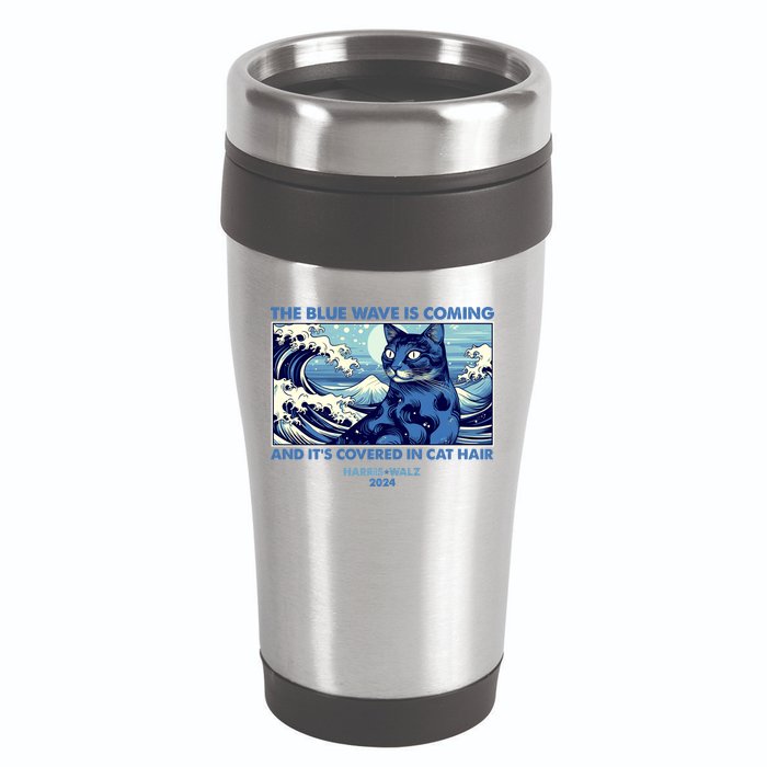 Funny The Blue Wave Is Coming And Its Covered In Cat Hair Harris Walz 2024 16oz Travel Tumbler