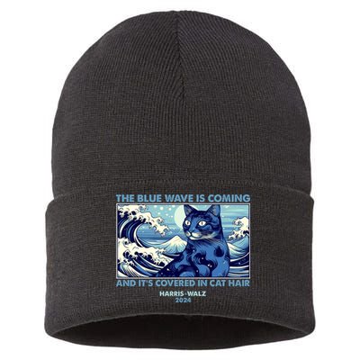 Funny The Blue Wave Is Coming And Its Covered In Cat Hair Harris Walz 2024 Sustainable Knit Beanie