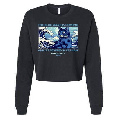 Funny The Blue Wave Is Coming And Its Covered In Cat Hair Harris Walz 2024 Cropped Pullover Crew