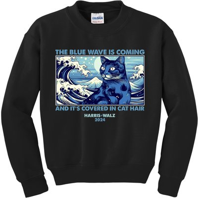 Funny The Blue Wave Is Coming And Its Covered In Cat Hair Harris Walz 2024 Kids Sweatshirt