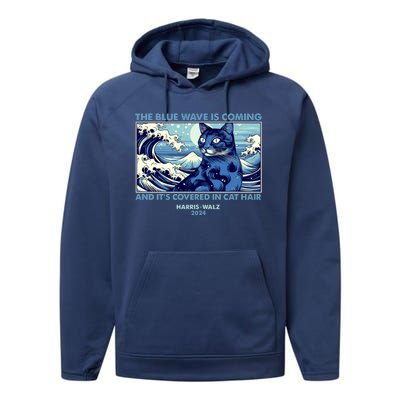 Funny The Blue Wave Is Coming And Its Covered In Cat Hair Harris Walz 2024 Performance Fleece Hoodie