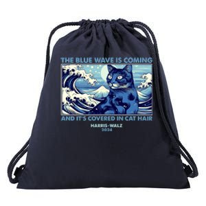 Funny The Blue Wave Is Coming And Its Covered In Cat Hair Harris Walz 2024 Drawstring Bag