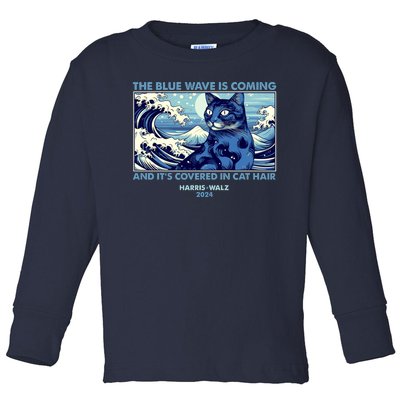 Funny The Blue Wave Is Coming And Its Covered In Cat Hair Harris Walz 2024 Toddler Long Sleeve Shirt