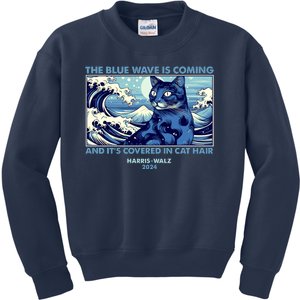 Funny The Blue Wave Is Coming And Its Covered In Cat Hair Harris Walz 2024 Kids Sweatshirt