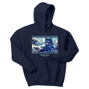 Funny The Blue Wave Is Coming And Its Covered In Cat Hair Harris Walz 2024 Kids Hoodie