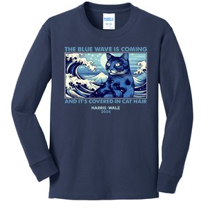 Funny The Blue Wave Is Coming And Its Covered In Cat Hair Harris Walz 2024 Kids Long Sleeve Shirt