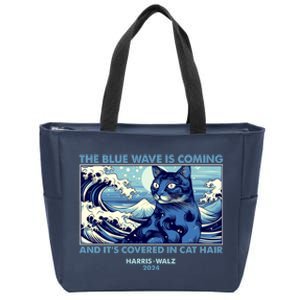 Funny The Blue Wave Is Coming And Its Covered In Cat Hair Harris Walz 2024 Zip Tote Bag