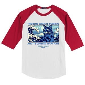 Funny The Blue Wave Is Coming And Its Covered In Cat Hair Harris Walz 2024 Kids Colorblock Raglan Jersey