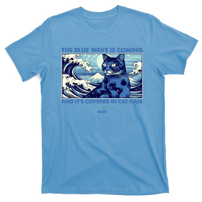 Funny The Blue Wave Is Coming And Its Covered In Cat Hair Harris Walz 2024 T-Shirt