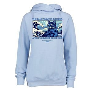 Funny The Blue Wave Is Coming And Its Covered In Cat Hair Harris Walz 2024 Womens Funnel Neck Pullover Hood