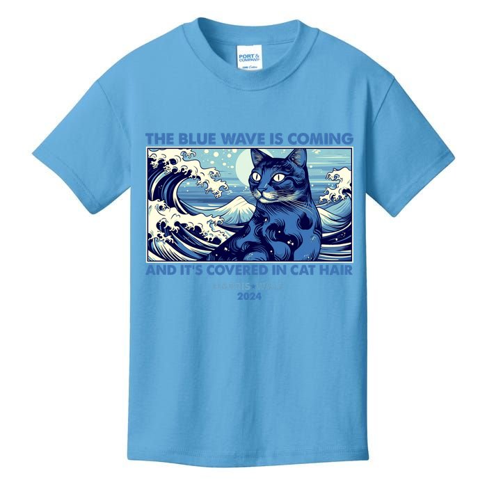 Funny The Blue Wave Is Coming And Its Covered In Cat Hair Harris Walz 2024 Kids T-Shirt