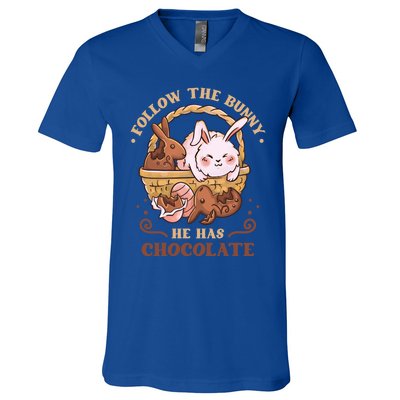 Follow The Bunny He Has Chocolate Sweet Chocolate Funny Gift V-Neck T-Shirt