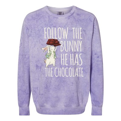 Follow The Bunny He Has The Chocolate Design Cool Gift Christ Easter Gift Colorblast Crewneck Sweatshirt