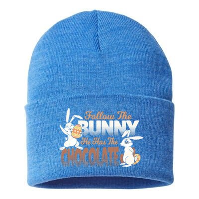 Follow The Bunny He Has The Chocolate Easter Day Eggs Rabbit Gift Sustainable Knit Beanie