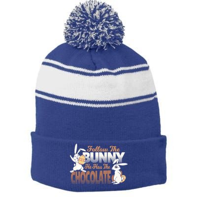 Follow The Bunny He Has The Chocolate Easter Day Eggs Rabbit Gift Stripe Pom Pom Beanie