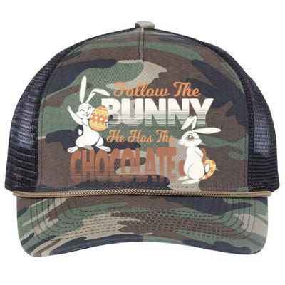 Follow The Bunny He Has The Chocolate Easter Day Eggs Rabbit Gift Retro Rope Trucker Hat Cap