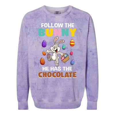 Follow The Bunny He Has The Chocolate Happy Easter Day Great Gift Colorblast Crewneck Sweatshirt