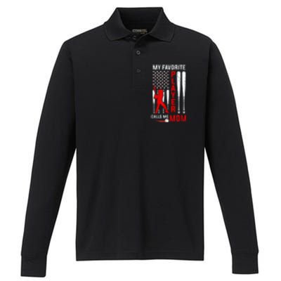 Favorite Tee Ball Player Calls Me Mom Usa Flag Mother's Day Performance Long Sleeve Polo