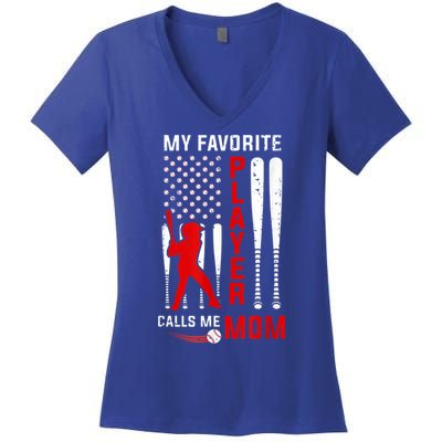 Favorite Tee Ball Player Calls Me Mom Usa Flag Mother's Day Women's V-Neck T-Shirt