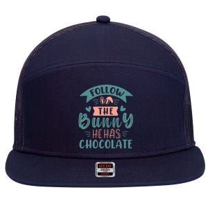 Follow The Bunny He Has Chocolate Funny Easter 7 Panel Mesh Trucker Snapback Hat