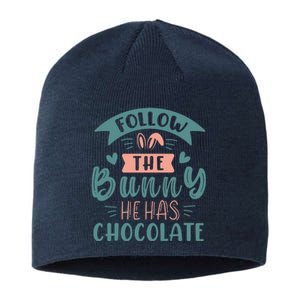 Follow The Bunny He Has Chocolate Funny Easter Sustainable Beanie